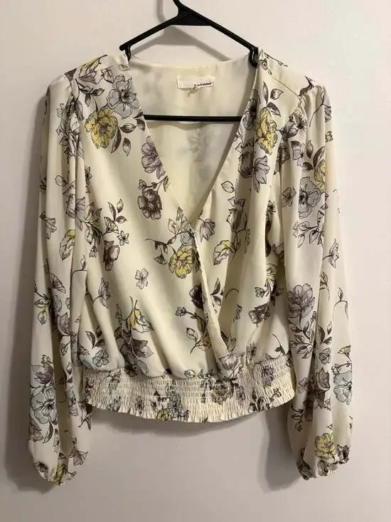 June & Hudson Floral Wrap V-Neck Smocked Waist Blouse Medium - Picture 1 of 3